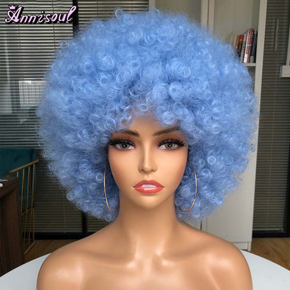 Short Synthetic Afro Wigs For Black Women African Black Pink Fluffy Soft Cosplay Natural Hair Afro Kinky Curly Wig With Bangs