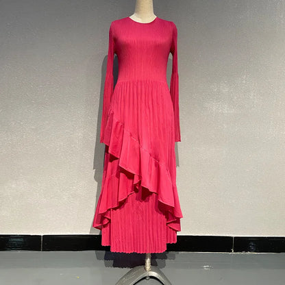 LANMREM Designer Pleated Long Dress For Women Sleeve Split Irregular Ruffles Solid Party Dresses Elegant 2024 Spring New 2DA4611