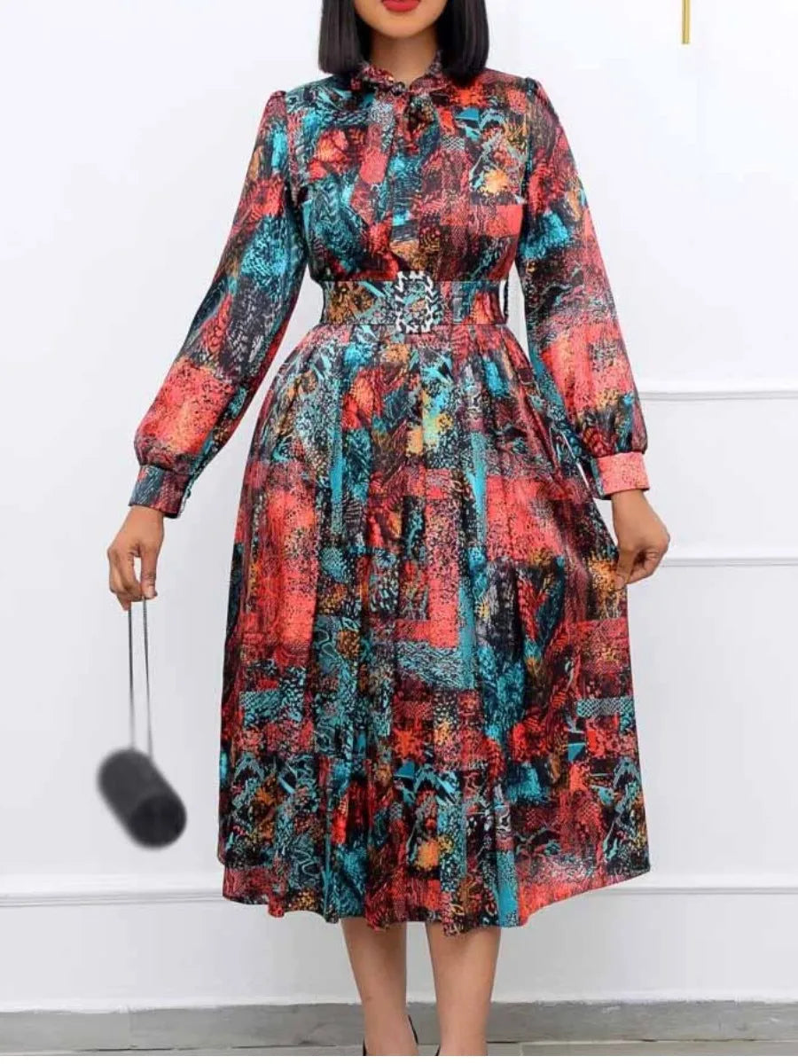 LW Autumn Oversize Midi Dresses Women Elegant Tie Neck Y2K Mixd Print High Waist Belt A Line Loose Evening Party Long Dress 3XL