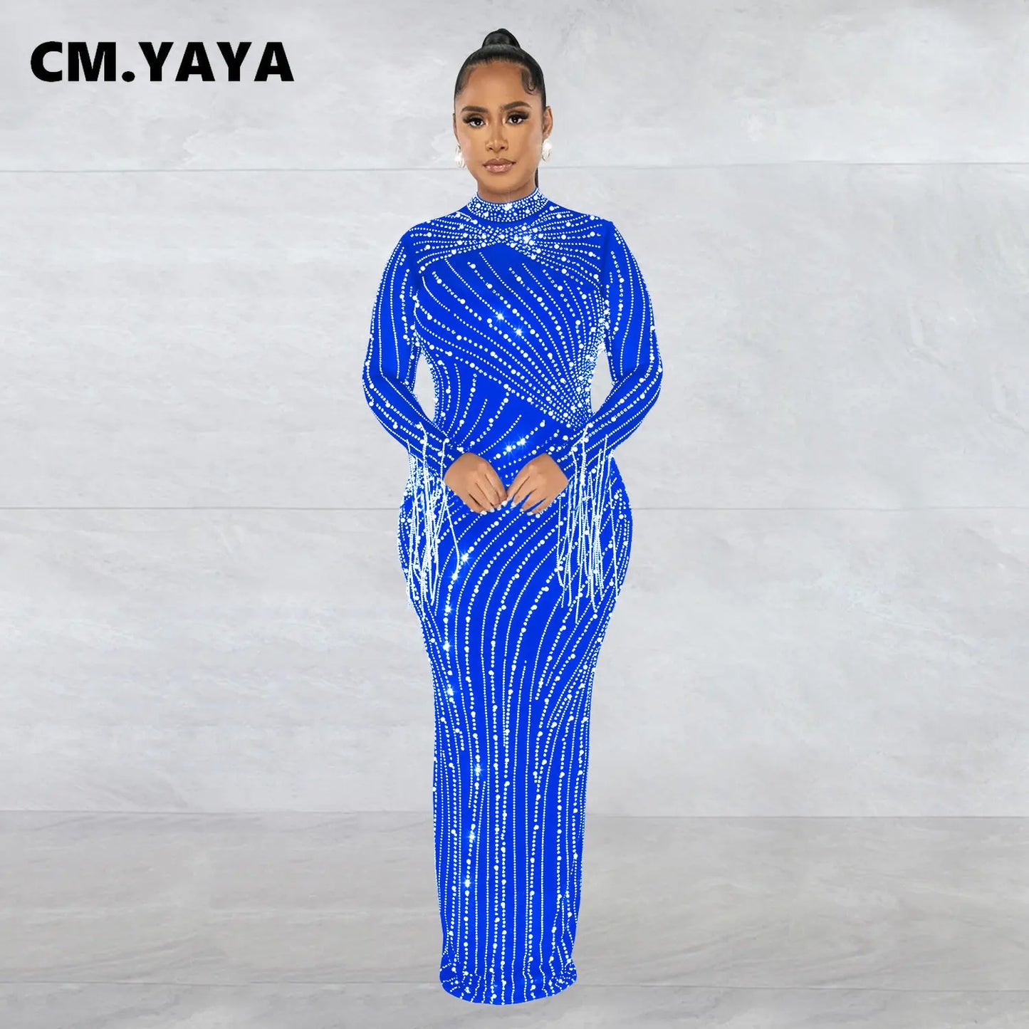 CM.YAYA Women Mesh Tassel Long Sleeve Diamonds Hot Rhinestones Bodycon Midi Maxi Long Dress and Tank Inner Dresses 2piece Suit