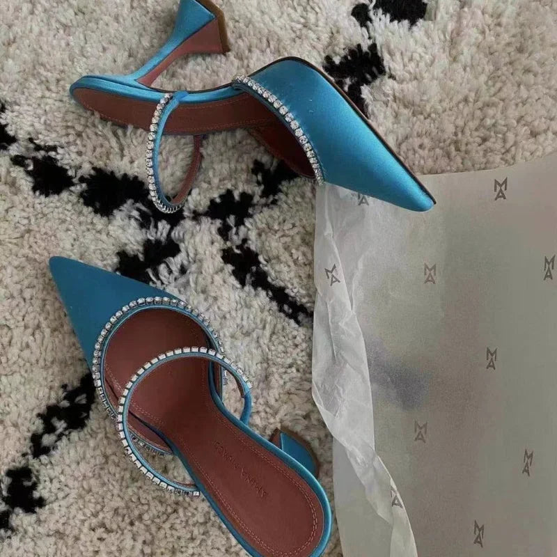 Half-drag Women's Shoes, Outer Wear Fashionable Sparkling Rhinestone Satin Wine Glass Heel Shoes, Baotou Slippers