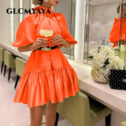 GLCMYAYA Women Ruffles Hem Big Swing Stand Collar Bowknot Hem Lantern Half Sleeve Satin Dress Vestidos 2023 New