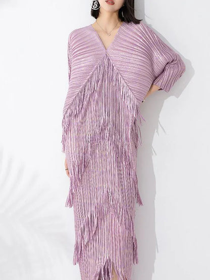 Miyake High End Pleated Maxi Dress Women V Neck Batwing Sleeves Stitching Color Tassel Elegant Dresses Hip-covering Long Skirt