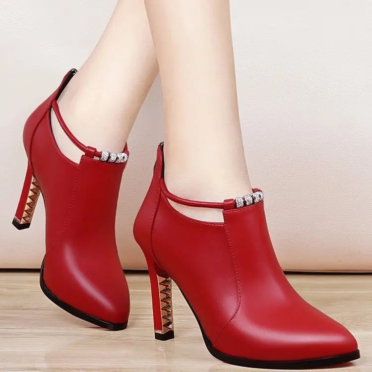 Classic Women Boots new Winter Shoes Women Shallow pointed Toe Red Women's Boots Thin Heels Ankle Boots Pu Leather Shoes Large