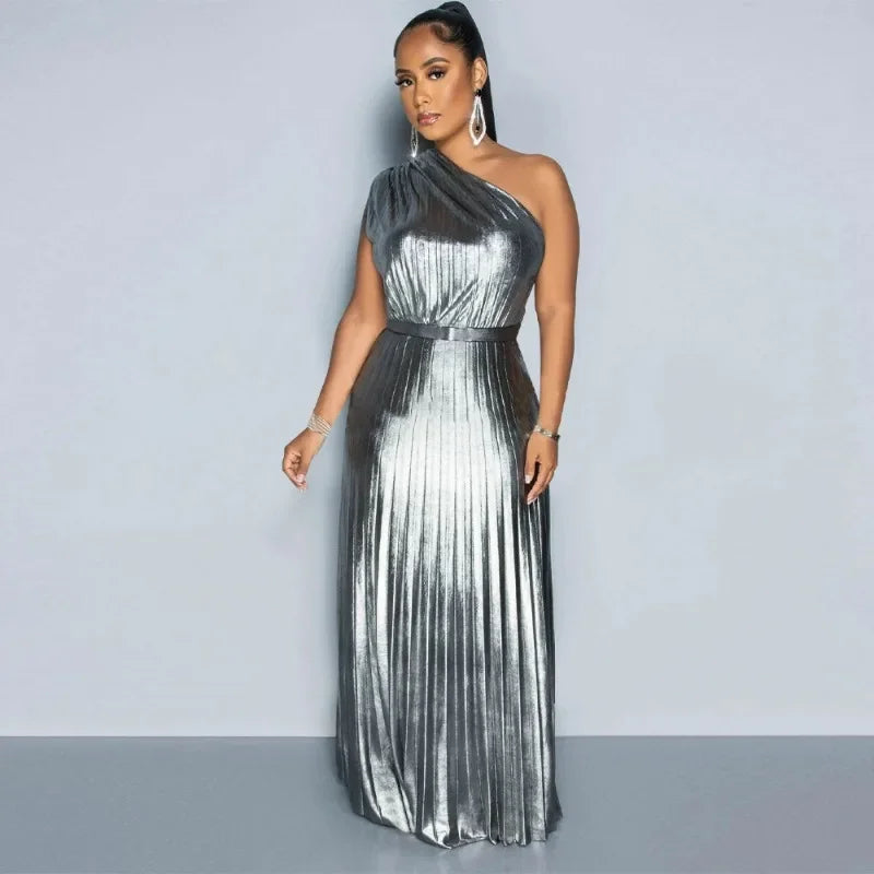 KEXU One Shoulder Pleated Sleeveless Maxi Dress 2024 Women Hollow Out Sexy Party Evening Clubwear Long Dresses Vestidos