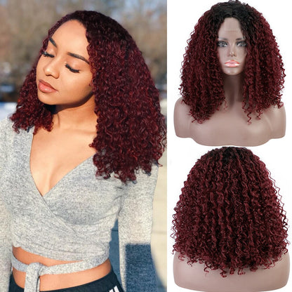 Deep Wavy Curly Bob Synthetic Wig Highlight Afro Kinky Cosplay Wigs for Women Ombre Red Brown Mixed Black Hair for Halloween Use