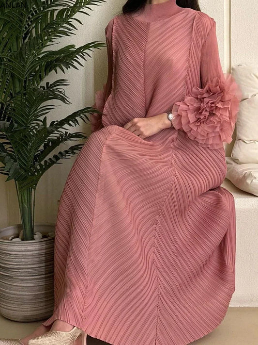 ANLAN Miyake Pleated Maxi Long Dress Mesh Petal Sleeve Half Turtleneck Formal Dresses for Women 2024 New Hot Sales 6KK9927