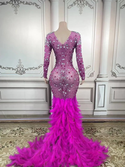 Sexy Festival Outfit Transparent Celebrate Evening Prom Gown Birthday Dress Women Luxury Gift Sparkly Rhinestones Feather Dress