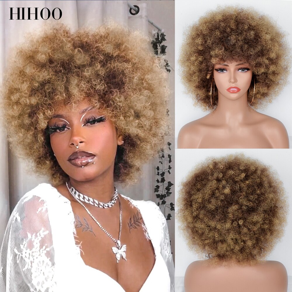 Halloween Wig Short Black Hair Cosplay Afro Kinky Curly Wig With Bangs Women's Wigs Blonde Wig Pink Synthetic Wig Blue Red Brown