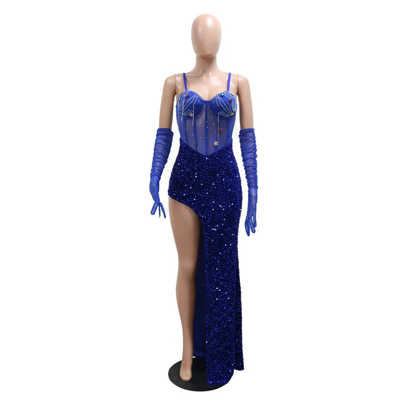 Luxury Women Irregular Sexy Sequins Glitter Long Party Dresses Sparkly Rhinestone Mesh Gloves Elegant Glam Celebrity Gown Dress