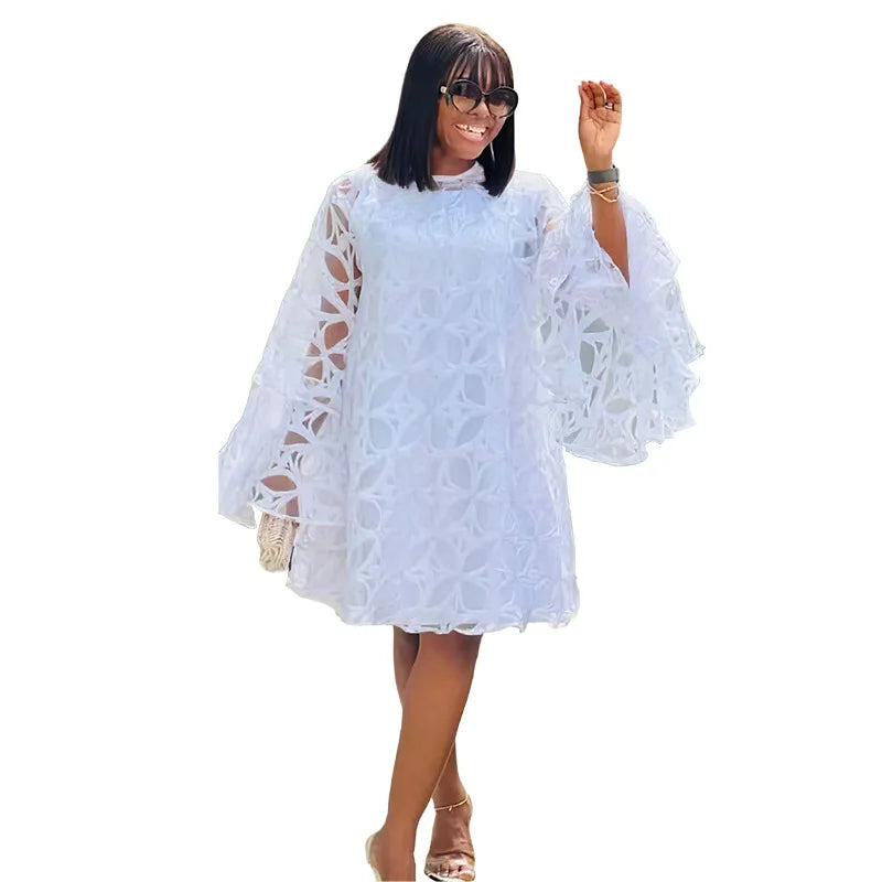 African Wedding Party Dresses for Women Summer African Elegant Long Sleeve O-neck Lace White Black Red Dress African Clothes