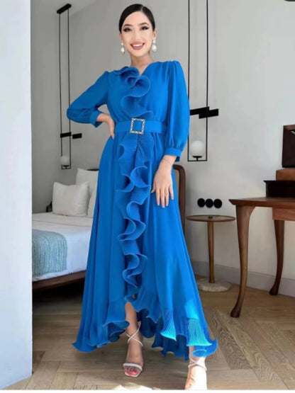 Eid Arab Muslim Party Dress for Women Abaya Ruffle Lace-up Jalabiya Long Dresses Morocco Kaftan Vestidos Dubai Ramadan Gown Robe