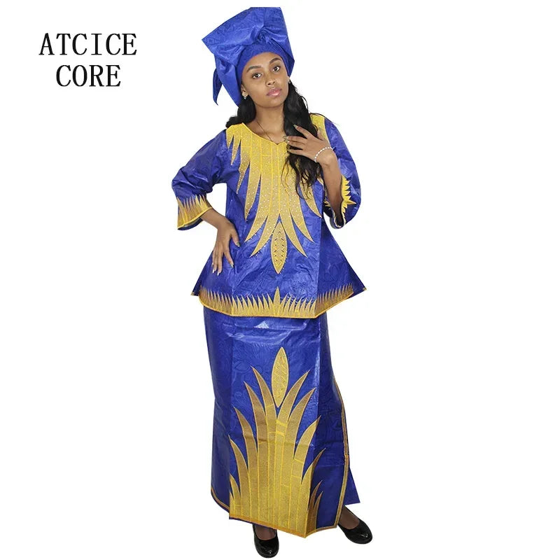 African Dresses For Women Church Dress Bazin Riche Embroidery Design Robe Top Scarf Three Pcs One Set