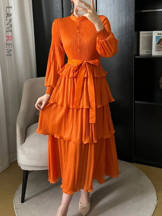 LANMREM Ruffles Spliced Pleated Women's Dress Stand Collar Belt Gathered Waist Long Dresses Fashion Party 2024 New 2DA4614