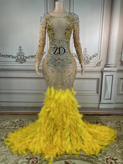 Sexy Transparent Celebrate Evening Prom Gown Birthday Dress for Women Sparkly Rhinestones Feather Dress Festival Outfit