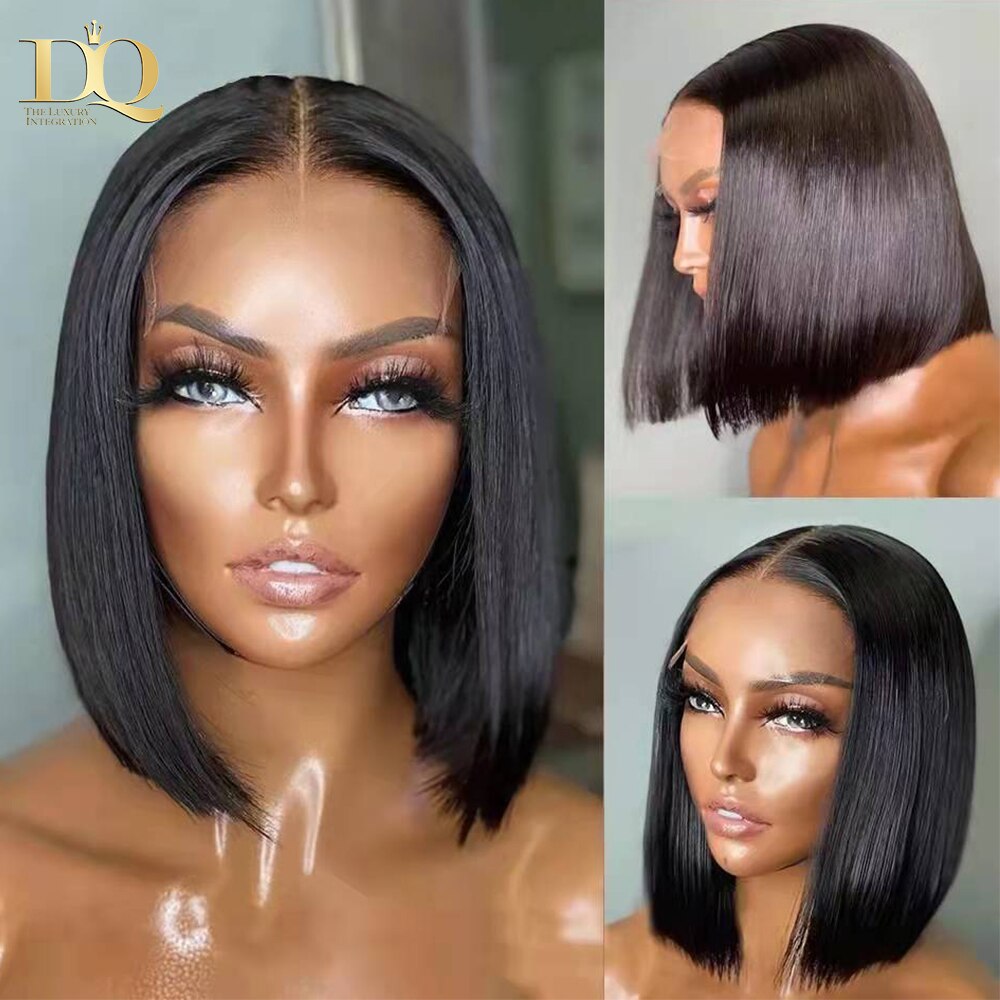 DQ Lace Part Human Hair Wigs Brazilian Straight Lace Wig  Bob Remy Hair Wigs Pre Plucked Hairline 150% Density Double Drawn