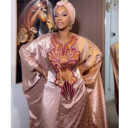 Plus Size African Clothes for Women 2024 New African Dashiki Ankara Bazin Riche Design Wedding Party Dresses with headscarf