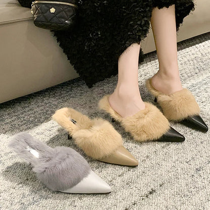 Fur Women Mid Heels Slippers Warm Pointed Toe Shoes 2023 Winter Trend New Plush Cotton Casual Flip Flops Pumps Bottine Femme