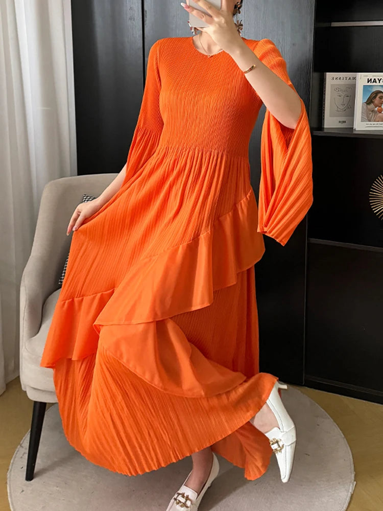 LANMREM Designer Pleated Long Dress For Women Sleeve Split Irregular Ruffles Solid Party Dresses Elegant 2024 Spring New 2DA4611