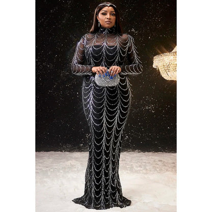 Plus Size Fashion Women's Black Satin Sequin Dress 2024 Long Sleeve Maxi Dress Casual Holiday Solid Color Robe