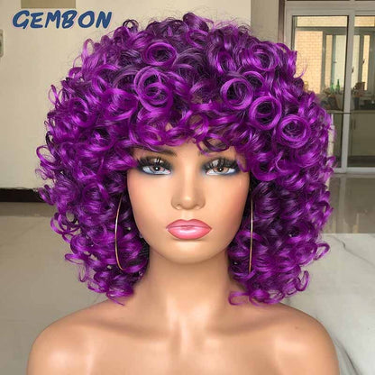 Short Hair Afro Curly Wig Natural Blonde Wigs with Bangs Cosplay Lolita Synthetic Wigs for Women Heat Resistant Fiber Highlight