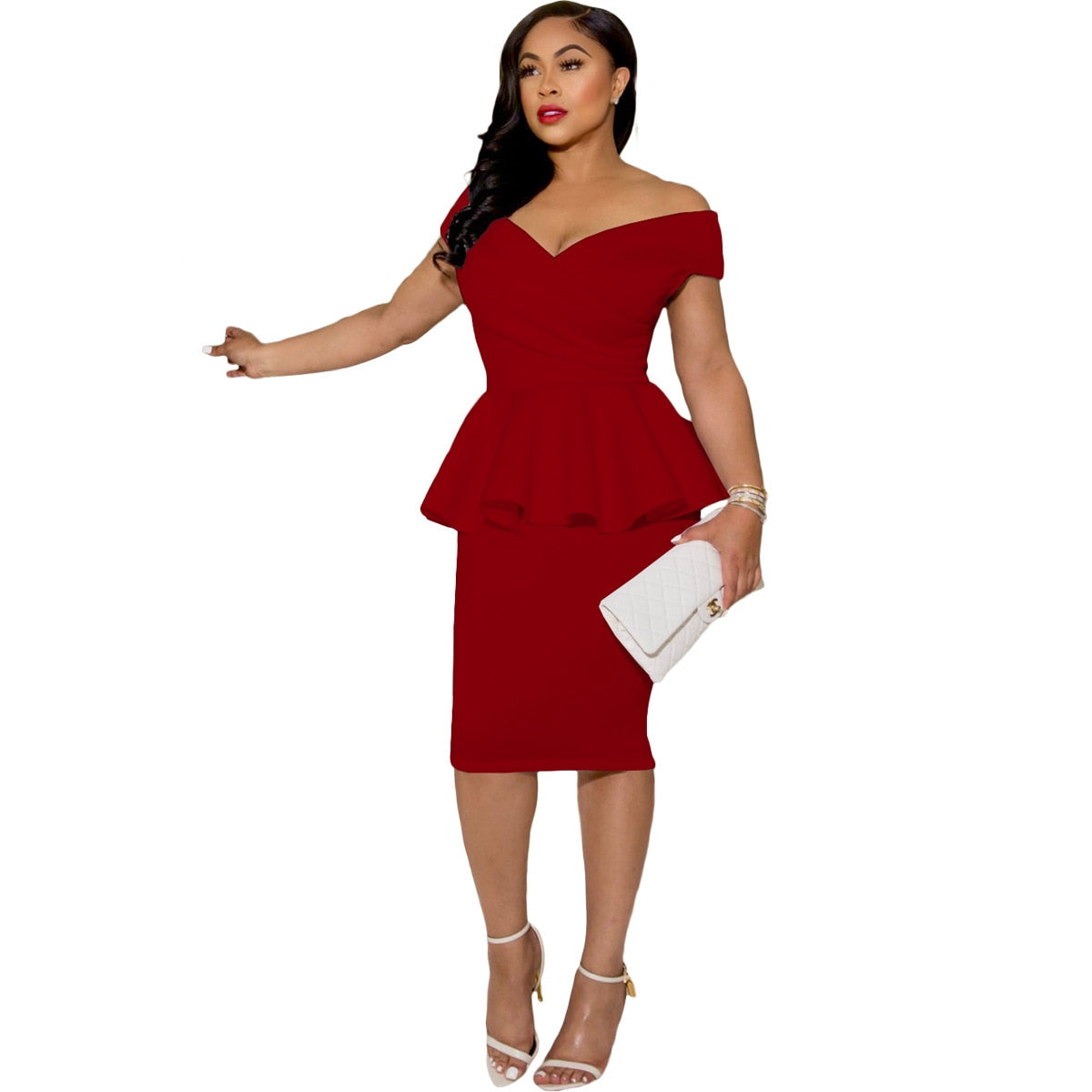 Ruffles Off-Shoulder Bodycon Dress Women Sexy Office Slim Knee-length Dress Ladies Elegant Party Midi Dress Female Work Wear