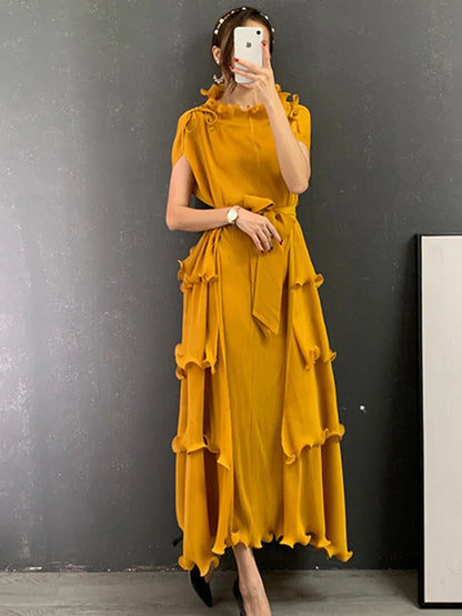 LANMREM Pleated Long Dress Female Loose Bandage Ruffles Design Solid Color Dresses Women's Fashion Clothing 2025 Spring 2W2090