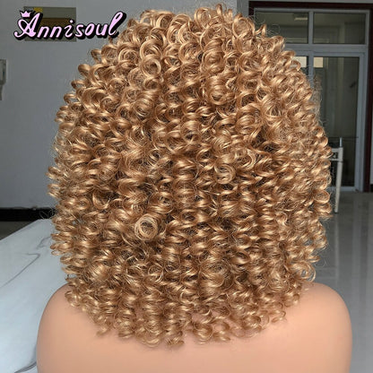 Short Hair Curly Wigs with Bangs for Black Women Synthetic Ombre Glueless Natural Curly Bob Wig High Temperature