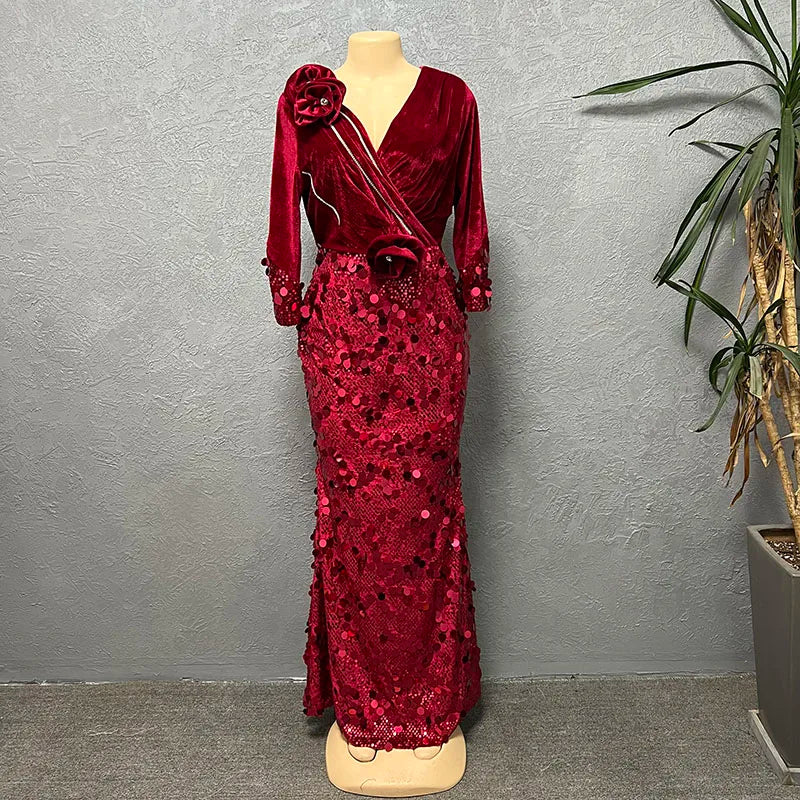 Fashion Velvet African Long Luxury Evening Dresses For Women Autumn Winter High Waist Sexy Bodycon Sequins Evening Party Dress