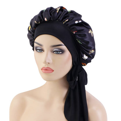 Extra Large Satin Sleeping Cap Hair Bonnet For Women African Pattern Ankara Print Long Tail Bonnets Wide Stretchy Band Hat