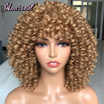 Short Hair Curly Wigs with Bangs for Black Women Synthetic Ombre Glueless Natural Curly Bob Wig High Temperature