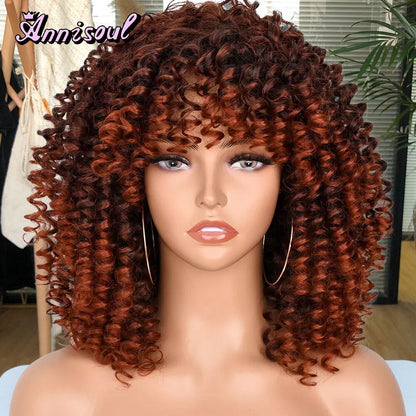 Short Hair Curly Wigs with Bangs for Black Women Synthetic Ombre Glueless Natural Curly Bob Wig High Temperature