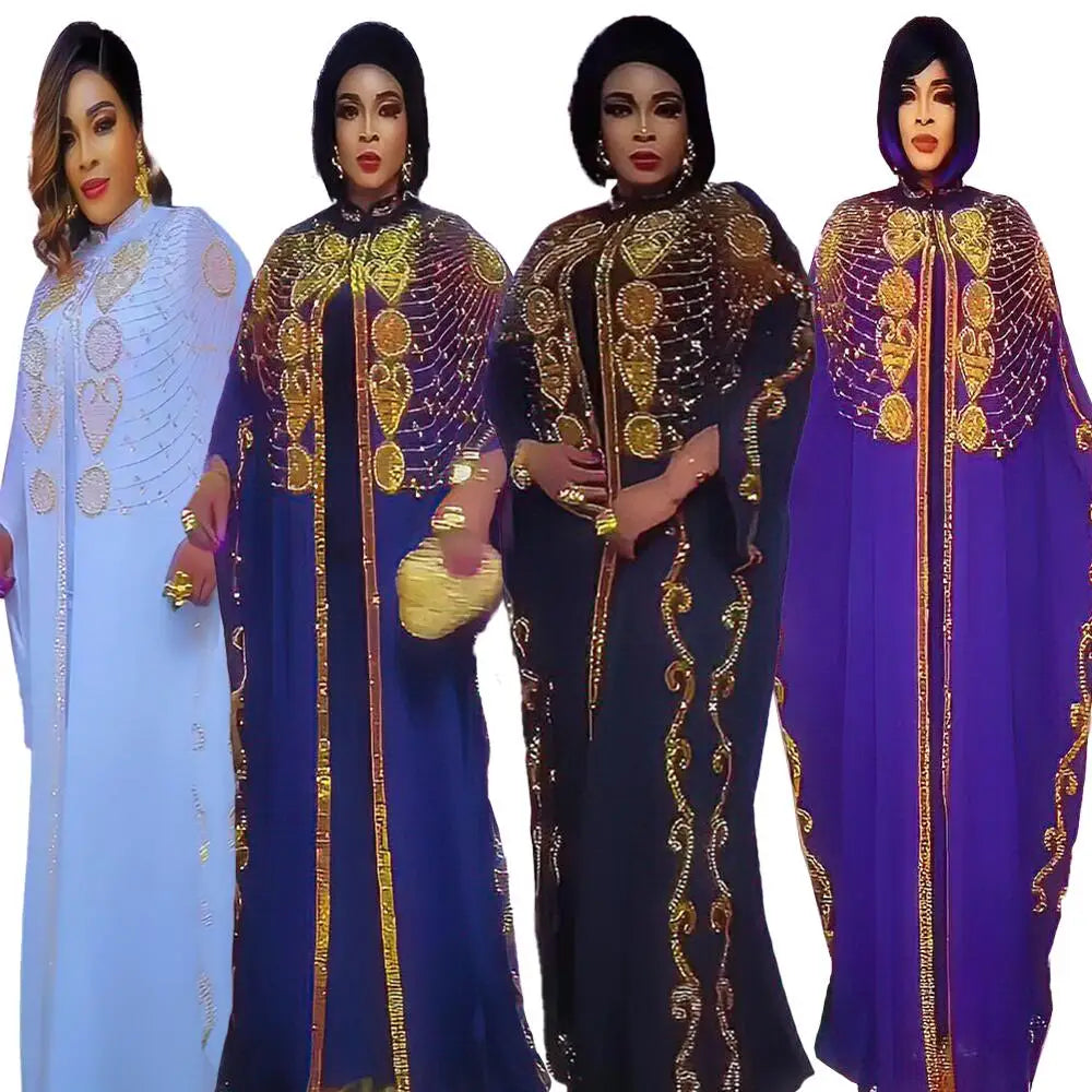 High Quality Africa African Gold Dresses rhinestone African White Dresses Set of 2 dirac somali chiffon dress dubai african