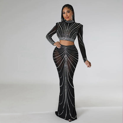 Maxi Mesh Sheer Diamond Rhinestone Dress for Birthday Outfits Long Sleeve Evening Club Sparkly Elegant Bodycon Party Dresses