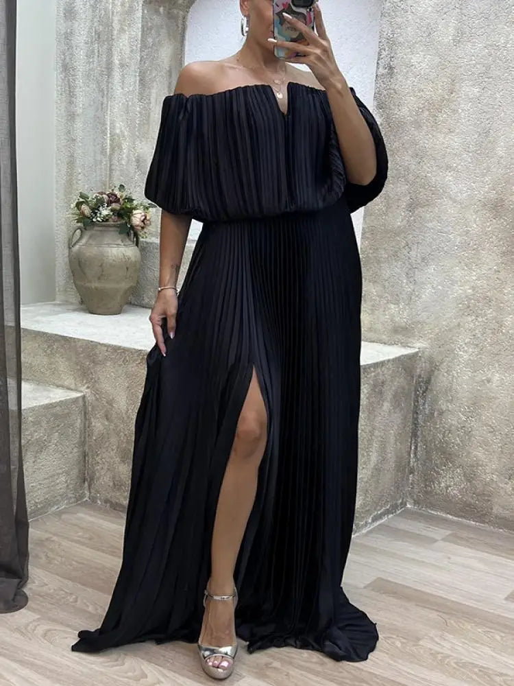 Yeezzi Solid Color Pleated A-line Long Dress Women 2024 New Summer Off-The-Shoulder Side-Slit Elegant Party Evening Maxi Dresses