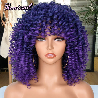 Short Hair Curly Wigs with Bangs for Black Women Synthetic Ombre Glueless Natural Curly Bob Wig High Temperature