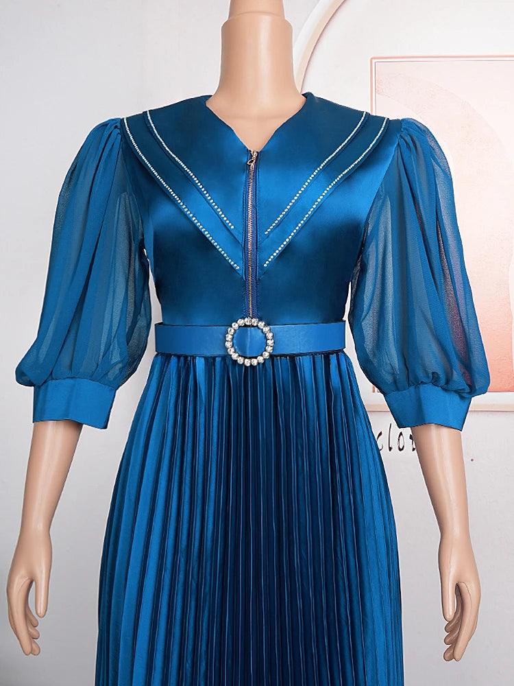 2023 Autumn Pleated Dresses For Women African Turkey Maxi Robe Dashiki Outfits Office Ladies Elegant Robe Party Evening Dress