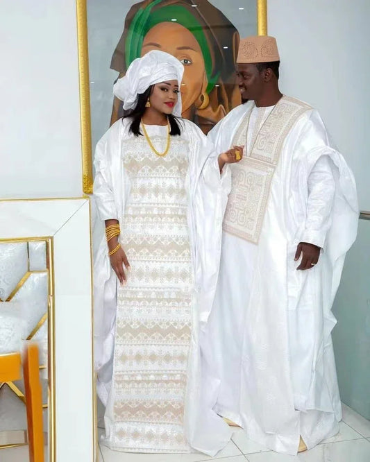 African Dresses For Couples Traditional  Bazin Embroidery Dresses Floor Length Dress With Scarf Couple Design