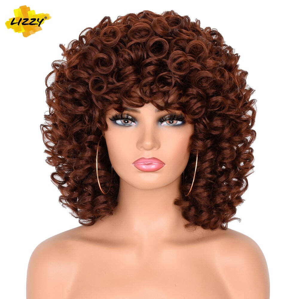 Lizzyhair Red Brown Copper Short Curly Synthetic Wigs for Black Women African Cosplay Natural Afro Wig with Bangs Heat Resistant