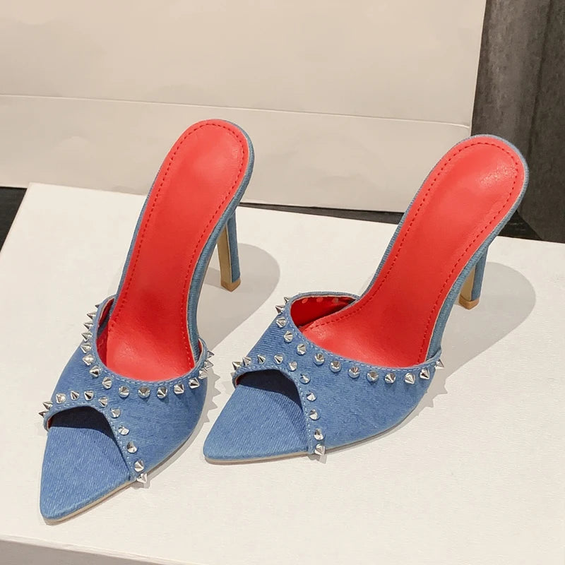 Eilyken New Design Rivet Slippers Women Pointed Toe Slide Shoes Fashion Party Prom Stiletto High Heels Sandals