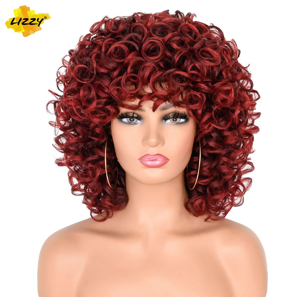 Lizzyhair Red Brown Copper Short Curly Synthetic Wigs for Black Women African Cosplay Natural Afro Wig with Bangs Heat Resistant