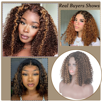 Deep Wavy Curly Bob Synthetic Wig Highlight Afro Kinky Cosplay Wigs for Women Ombre Red Brown Mixed Black Hair for Halloween Use