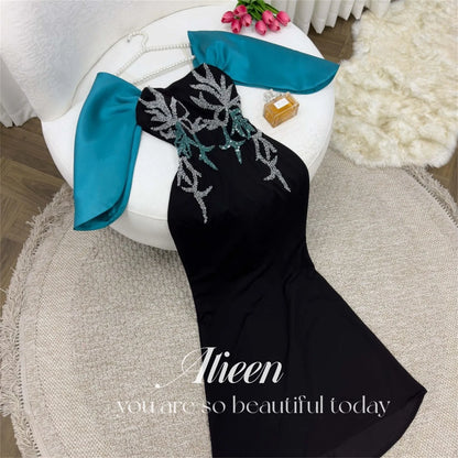 Aileen Black Mermaid Transparent Shoulder Strap Bright Diamond Lace Women's Elegant Dresses Prom Clothes Graduation Quinceanera
