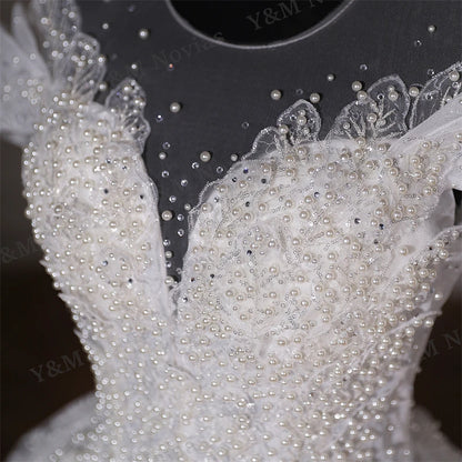 Exquisite Off Shoulder Luruxy Wedding Dress 2023 New Bride Small Main Yarn Super Heavy Industry Beading Pearls Tail Princess