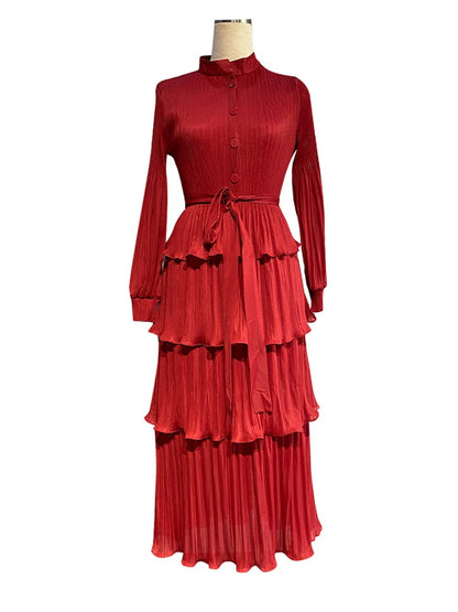 LANMREM Ruffles Spliced Pleated Women's Dress Stand Collar Belt Gathered Waist Long Dresses Fashion Party 2024 New 2DA4614