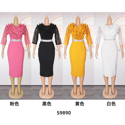 Ruffles African Party Dresses For Women 2024 Spring Summer Elegant Africa Clothing Solid Mesh Patchwork Pencil Dress Robe Femme