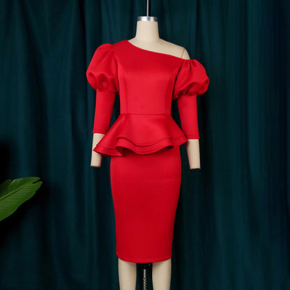 Sexy One Shoulder Lantern Sleeve Bodycon Dress Evening Party Dress For Women 2023 Elegant Peplum Gown African Pencil Red Dress