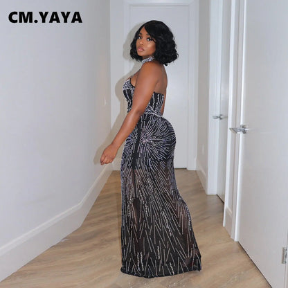 CM.YAYA Women Diamonds Hot Rhinestones Mesh See Though Halter Neck Floor Length Maxi Long Bodycon Midi Sexy Party Club Dresses