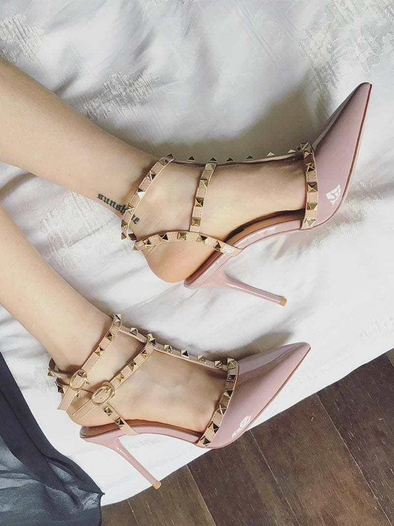 2022 New 10CM New High-heeled Shoes Female Pointed Stiletto Sexy Nightclub Word with Rivets Wild Sandals Female Summer