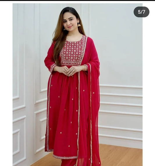 Women Kurti Palazzo Set Red Embroidery Kurta Pant Dupatta Salwar Kameez Dress